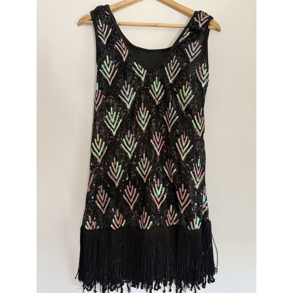 Weissman Sequin Fringe Flapper Dress Womens SA Black Art Deco Gatsby Costume